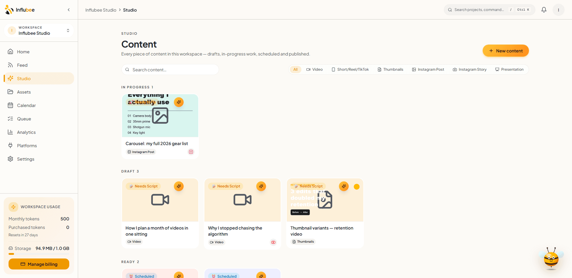 The Influbee creator workspace — a project open across planning, the video editor, and analytics