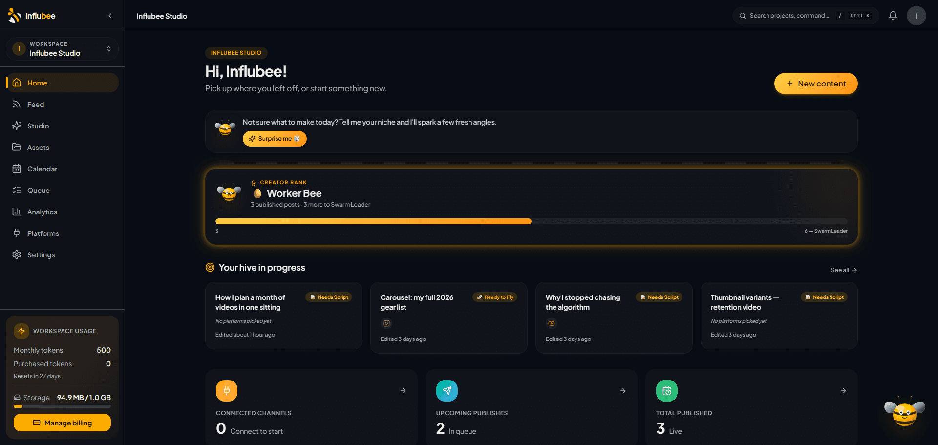 A solo creator's Influbee workspace — projects, rank and connected channels