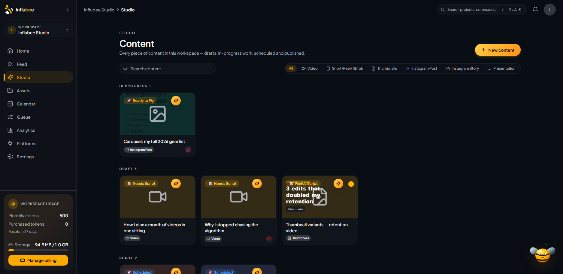 The Influbee creator workspace — a project open across planning, the video editor, and analytics