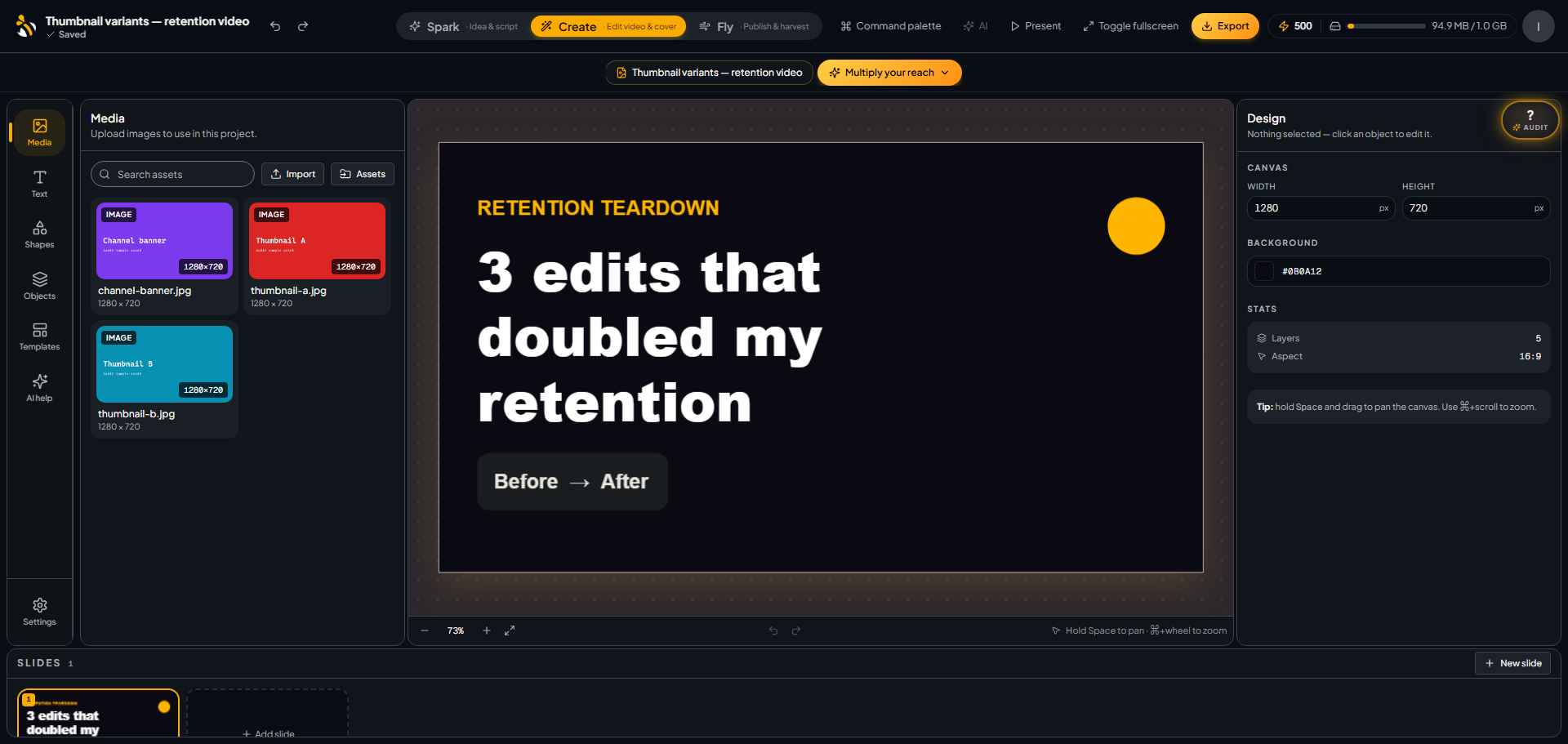 Influbee design editor — a layered thumbnail canvas where reversible Apply-fix changes happen