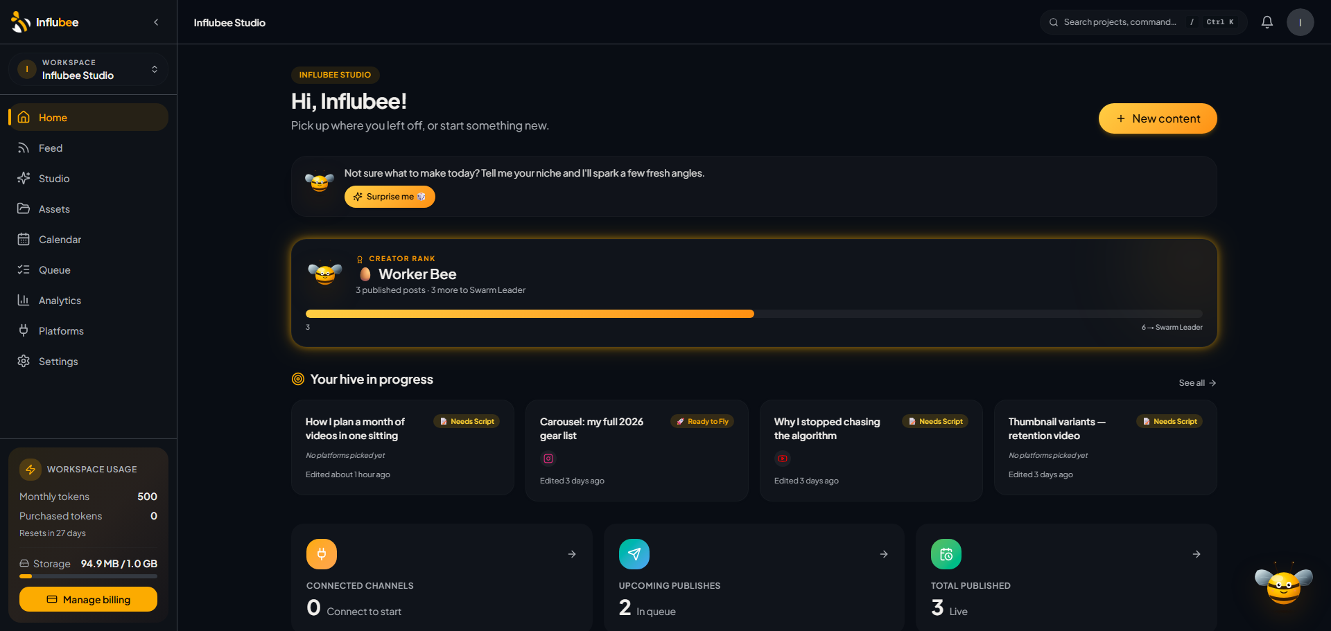 A solo creator's Influbee workspace — projects, rank and connected channels